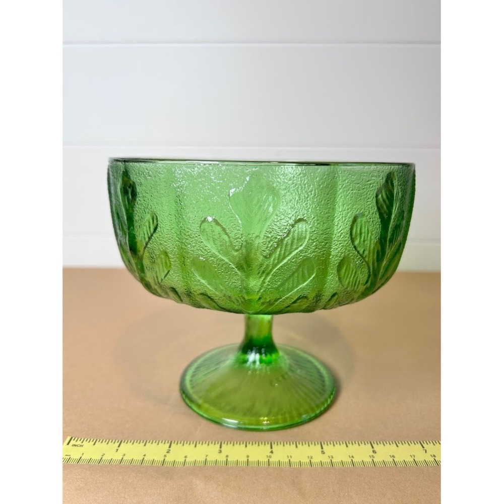 VTG FTD 1975 Green Compote Pedestal Glass Bowl Oak‎ Leaf Embossed Centerpeice
